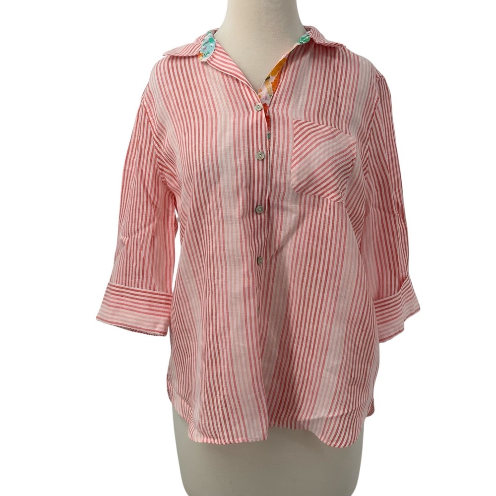 Chicos No Iron Linen Ombré Stripe Floral Placket Shirt Coral/White Size 0/4/6 Sm